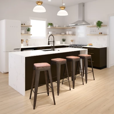 Flash Furniture 30" High Metal Indoor Bar Stool With Wood Seat - Stackable Set Of 4 1 Flash Furniture 30" High Metal Indoor Bar Stool With Wood Seat - Stackable Set Of 4