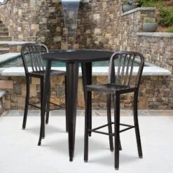 Flash Furniture Commercial Grade 30" Round Metal Bar Table Set with 2 Slat Back Stools