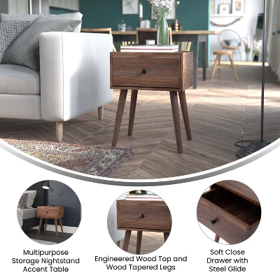 Flash Furniture Hatfield Mid-Century Modern One Drawer Wood Nightstand - Dark Walnut 3 Flash Furniture Hatfield Mid-Century Modern One Drawer Wood Nightstand - Dark Walnut - Image 3