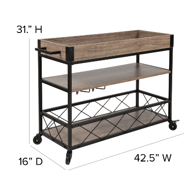 Flash Furniture Buckhead Distressed Oak and Iron Kitchen Serving Bar Cart 3 Flash Furniture Buckhead Distressed Oak and Iron Kitchen Serving Bar Cart - Image 3