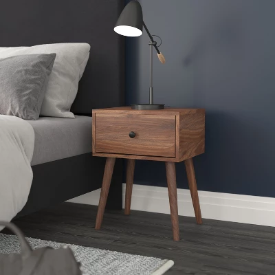 Flash Furniture Hatfield Mid-Century Modern One Drawer Wood Nightstand - Dark Walnut 2 Flash Furniture Hatfield Mid-Century Modern One Drawer Wood Nightstand - Dark Walnut - Image 2