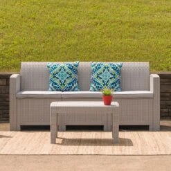 Flash Furniture Contemporary Faux Rattan Outdoor Sofa with All-Weather Cushions