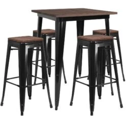 Flash Furniture 31.5" Square Metal Bar Table Set with Textured Wood Top and 4 Backless Stools
