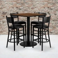 Flash Furniture 36'' Walnut Bar Table Set with 4 Grid Back Barstools