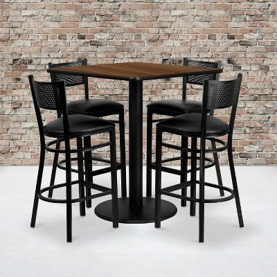 Flash Furniture 36'' Walnut Bar Table Set with 4 Grid Back Barstools 1 Flash Furniture 36'' Walnut Bar Table Set with 4 Grid Back Barstools
