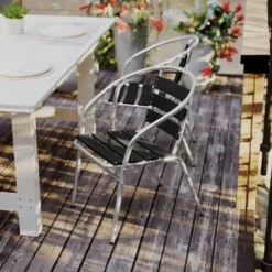 Flash Furniture Lila Aluminum Commercial Indoor-Outdoor Stack Chair with Triple Slat Faux Teak Back