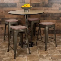 Flash Furniture 24-Inch Metal Counter-Height Bar Stools with Elm Wood Seat, Set of 4