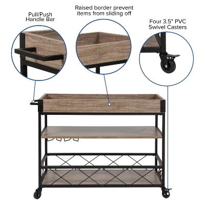Flash Furniture Buckhead Distressed Oak and Iron Kitchen Serving Bar Cart 2 Flash Furniture Buckhead Distressed Oak and Iron Kitchen Serving Bar Cart - Image 2