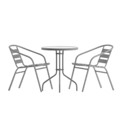 Flash Furniture Lila 23.75" Round Glass Metal Table with 2 Aluminum Slat Stack Chairs -Flash Furniture Sale Store GUEST 4044f60d 90cf 4167 8716 7582044f6a13
