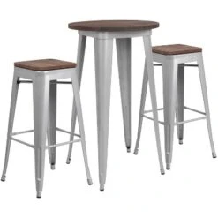 Flash Furniture 24" Round Metal Bar Table Set with Wood Top and 2 Stools