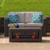 Flash Furniture Chocolate Brown Faux Rattan Loveseat with Beige Cushions