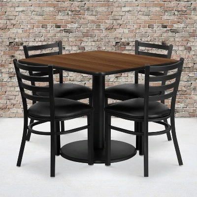 Flash Furniture 36'' Square Walnut Laminate Table Set With Round Base And 4 Ladder Back Metal Chairs - Black Vinyl Seat 1 Flash Furniture 36'' Square Walnut Laminate Table Set With Round Base And 4 Ladder Back Metal Chairs - Black Vinyl Seat