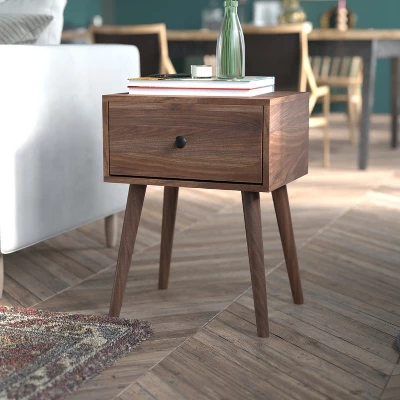 Flash Furniture Hatfield Mid-Century Modern One Drawer Wood Nightstand - Dark Walnut 1 Flash Furniture Hatfield Mid-Century Modern One Drawer Wood Nightstand - Dark Walnut