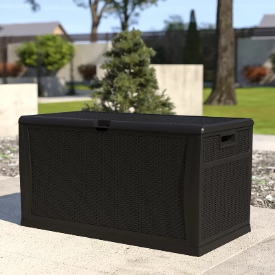 Flash Furniture 120 Gallon Wicker-Style Outdoor Storage Deck Box and Bench 1 Flash Furniture 120 Gallon Wicker-Style Outdoor Storage Deck Box and Bench