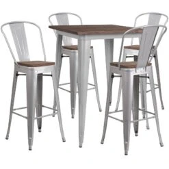 Flash Furniture 31.5" Square Metal Bar Table Set with Textured Wood Top and 4 Stools
