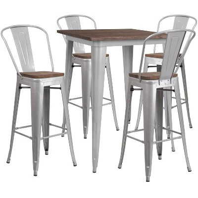 Flash Furniture 31.5" Square Metal Bar Table Set with Textured Wood Top and 4 Stools 1 Flash Furniture 31.5" Square Metal Bar Table Set with Textured Wood Top and 4 Stools