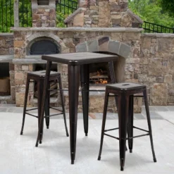 Flash Furniture Commercial Grade 23.75" Square Metal Indoor-Outdoor Bar Table Set with 2 Backless Stools