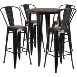 Flash Furniture 30" Round Metal Bar Table Set with Elm Wood Top and 4 Stools