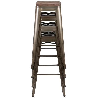 Flash Furniture 30" High Metal Indoor Bar Stool With Wood Seat - Stackable Set Of 4 6 Flash Furniture 30" High Metal Indoor Bar Stool With Wood Seat - Stackable Set Of 4 - Image 6