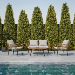 Flash Furniture Evin Boho 4-Piece Indoor/Outdoor Rope Rattan Patio Conversation Set