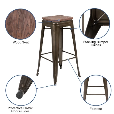 Flash Furniture 30" High Metal Indoor Bar Stool With Wood Seat - Stackable Set Of 4 3 Flash Furniture 30" High Metal Indoor Bar Stool With Wood Seat - Stackable Set Of 4 - Image 3