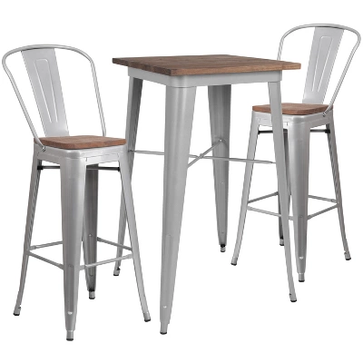 Flash Furniture 23.5" Square Metal Bar Table Set with Textured Wood Top and 2 Stools 1 Flash Furniture 23.5" Square Metal Bar Table Set with Textured Wood Top and 2 Stools