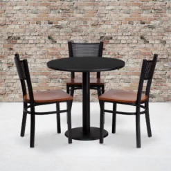 Flash Furniture 30" Round Black Table Set with 3 Cherry Seat Grid Back Chairs