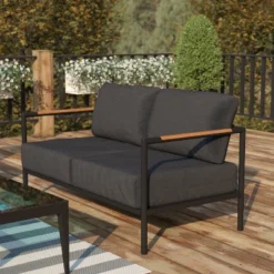 Flash Furniture Modern Aluminum Patio Loveseat with Teak Accents