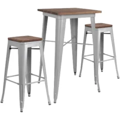 Flash Furniture 23.5" Square Metal Bar Table Set with Wood Top & 2 Backless Stools