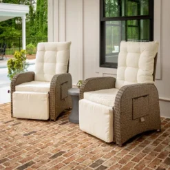 Flash Furniture Nemo Set of 2 Indoor/Outdoor Wicker Rattan Recliner Lounge Chairs with Flip-Up Side Tables