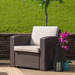 Flash Furniture Chocolate Brown Faux Rattan Outdoor Chair with All-Weather Beige Cushion