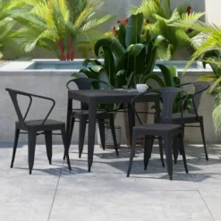 Flash Furniture All-Weather Square Table & 4 Stackable Metal Chairs Set