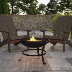 Flash Furniture 22" Round Wood Burning Firepit With Mesh Spark Screen And Poker