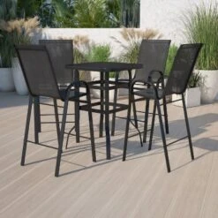 Flash Furniture 4-Person Outdoor Dining Set with Glass Bar Table and Sling Stools