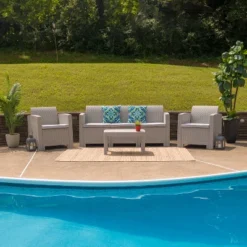Flash Furniture 4-Piece Outdoor Faux Rattan Seating Set with Cushions and Table