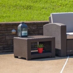 Flash Furniture Chocolate Brown Faux Rattan Outdoor Side Table with Storage
