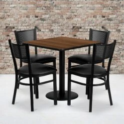 Flash Furniture 30" Square Walnut Laminate Table Set with 4 Grid Back Metal Chairs