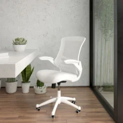 Flash Furniture Mid-Back White Mesh Ergonomic Office Chair with Flip-Up Arms