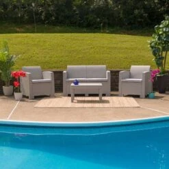 Flash Furniture 4-Piece Outdoor Faux Rattan Patio Set with Cushions - Light Gray